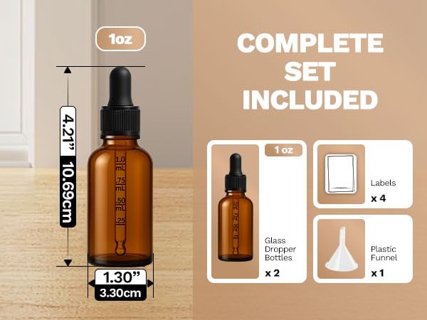 Amber Glass Dropper Bottles 1 oz - 2 Pack with Labels & Funnel
