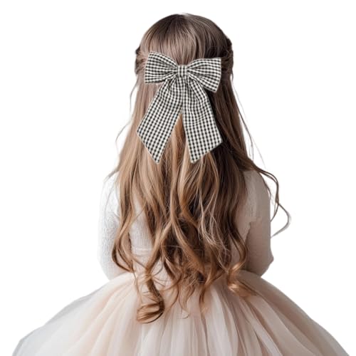 YYKITCHEN 6in Buffalo Plaid Hair Bow & Clip Set for Girls – Alligator Clip Hair Accessories, First Day of School Gift, Black & White, Variation A