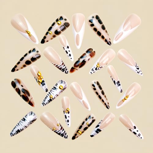 MISUD Long Stiletto Press-On Nails with Cheetah French Tip & Tortoise Design, 24 Pcs