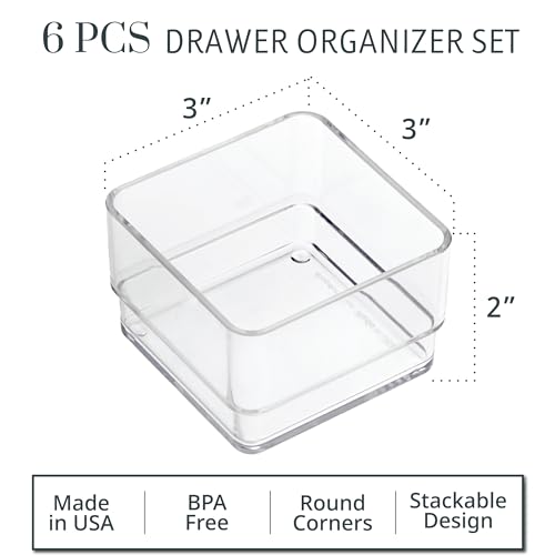 STORi 6-Piece Stackable Clear Drawer Organizer Set - 3" Square Trays for Makeup & Office Storage
