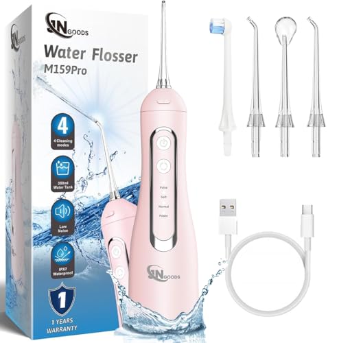 JNGOODS Cordless Water Flosser Oral Irrigator 300ml Pink, Rechargeable, 4 Modes Waterproof