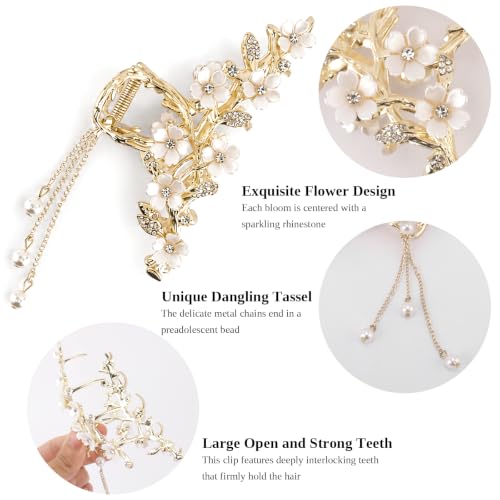 KICOSY 2 Pack Flower Claw Clips with Pearl Tassel - Gold Floral Hair Accessories for Women, White Variant