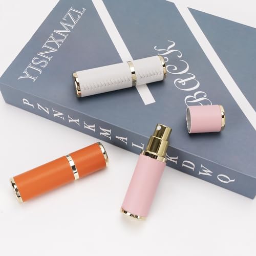 LUEXBOX 3 Pack Mini Refillable Perfume Bottles - Travel Atomizers in White, Pink & Orange