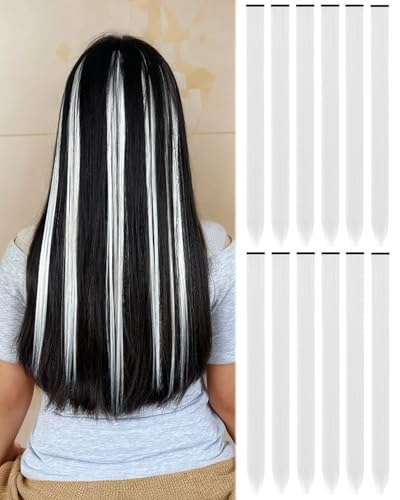 White Clip-in Hair Extensions 12 Pcs 22 Inch Colored Synthetic Highlights for Women - Halloween & Party Hair Accessory