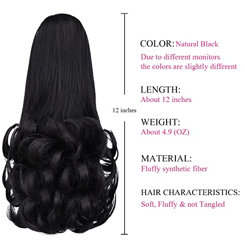 Natural Black 12-Inch Curly Ponytail Extension with Claw Clip - 3.8 OZ Synthetic Fake Hair