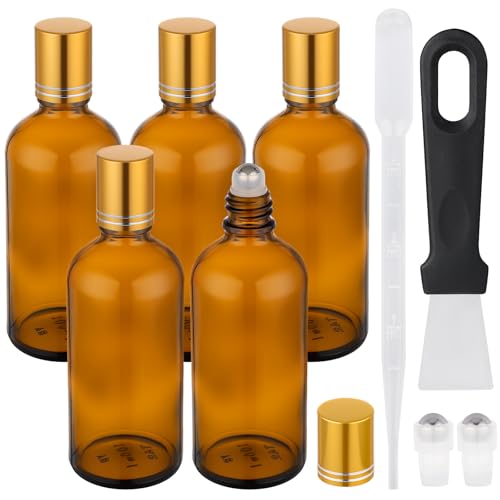 Segbeauty Amber Gold Glass Roller Bottles 3.4oz/100ml - 5 Pack for Essential Oils & Perfume