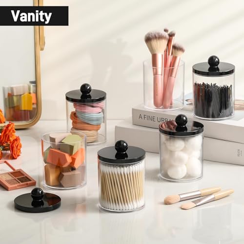 Acrylic Qtip Holder Dispenser Set - 2 Pack Clear Canisters with Labels