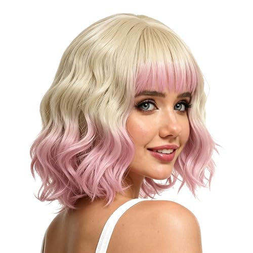 Rose Bud Blonde to Pink Wavy Bob Wig for Women - Short Curly Style with Bangs, 12 Inch, Variation 1-7