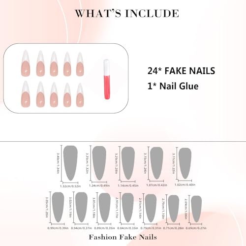 IMRAIN White French Tip Press On Nails - Long Stiletto Acrylic 24 Pcs