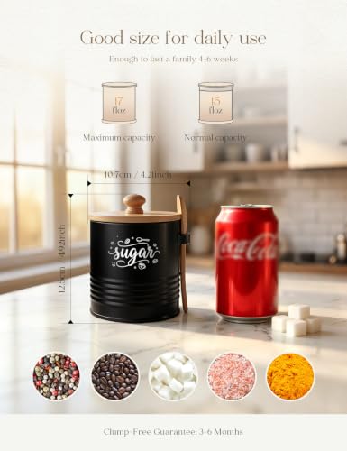 Airtight Metal Sugar Bowl with Lid & Spoon - 15oz Capacity