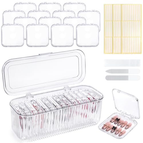 YINGJEE 15-Piece Press On Nail Storage Box Set with Adhesive Tape & Files