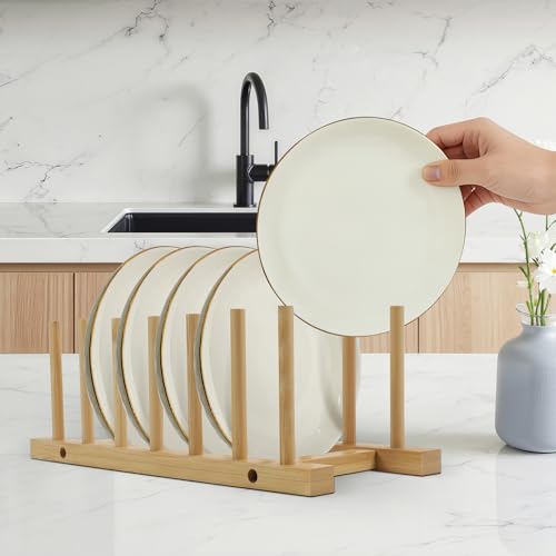 DEBETOOL Bamboo Dish Rack Holder - 2-Pack Vertical Plate Organizer