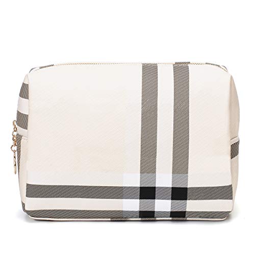 Jessyline Large Vegan Leather Makeup Bag - Travel Cosmetic Pouch (Beige)