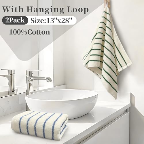 VOOVA & MOVAS 100% Cotton Kitchen Towels - 2 Pack, 14x28 in, Ultra Absorbent Blue & Green Stripes