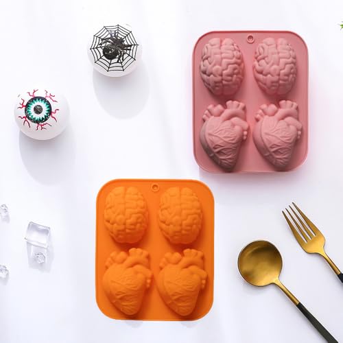 4-Piece Silicone Heart and Brain Molds for Halloween Desserts