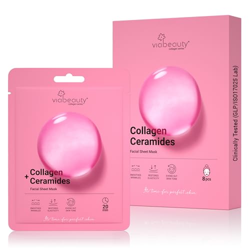 VIABEAUTY Collagen Face Mask Pack of 8 - Rejuvenating Facial Sheet Masks for All Skin Types