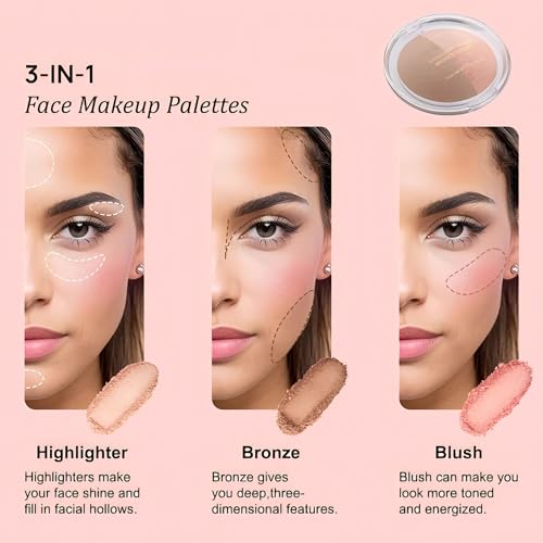 Baked Blush Highlight Bronze Powder 3-in-1 Contour Palette Sculpt Satin Silky Smooth Makeup Palettes Powder (002-Light)