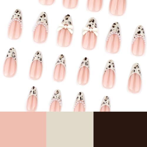 Medium Almond French Tip Press-On Nails with Leopard Print & Bow