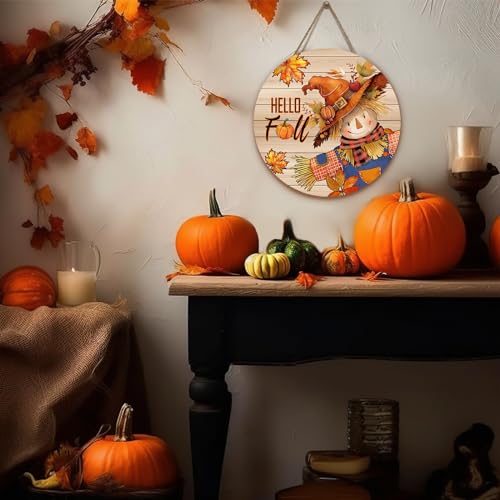 Hello Fall Scarecrow Wooden Door Sign - Autumn Decor 12x12