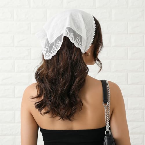 White Lace Head Scarf for Women - Adjustable Bohemian Bandana