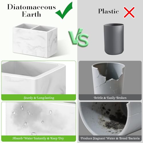 Diatomite Toothbrush Holder - 2 Slot Marble White Design for Bathroom