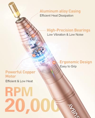 SUBAY Champagne Gold Electric Nail Drill 20000RPM - Manicure & Pedicure Tool with 6 Bits & 20 Bands