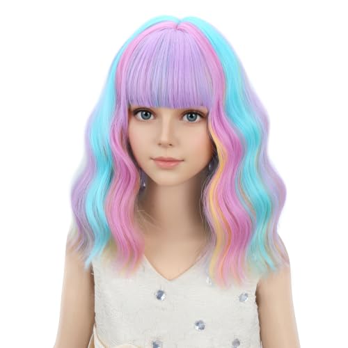 PATTNIUM Kids Rainbow Wavy Wig with Bangs - Heat Resistant Synthetic