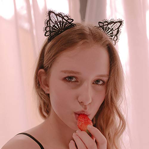 YAXAMING 4 Pack Black & White Lace Cat Ears Headbands Halloween Costume Accessories