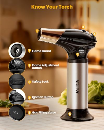 Kollea Culinary Torch - Refillable Butane Kitchen Torch with Safety Lock & Adjustable Flame