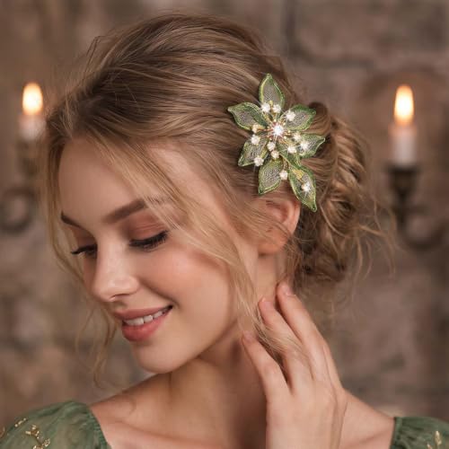 CASDRE Sage Green Rhinestone Bridal Hair Comb - Vintage Floral Wedding Clip