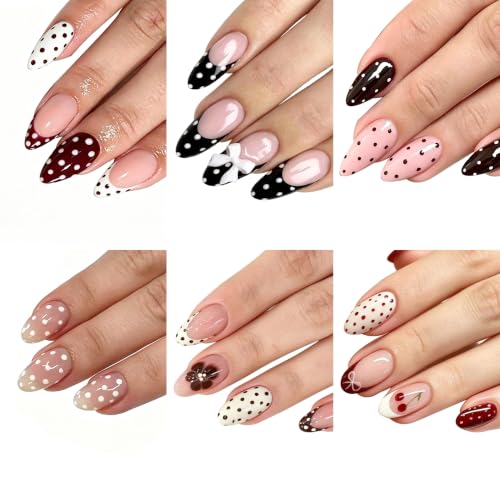 Tiwnefua 144Pcs 6 Styles Polka Dot Press On Nails Medium Almond French Tip