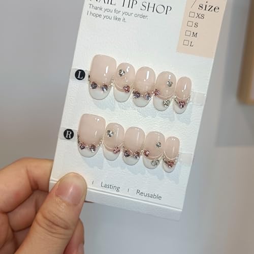 TENPAL Handmade Press On Nails Kit - Milky Pink Hearts & Bow (M)