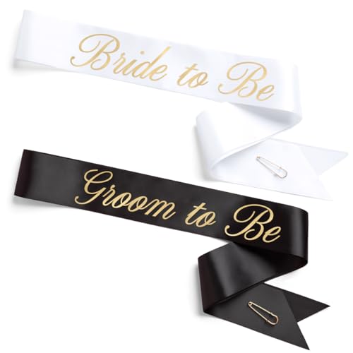 Bride and Groom Sash Set - Black & White Satin with Gold Foil