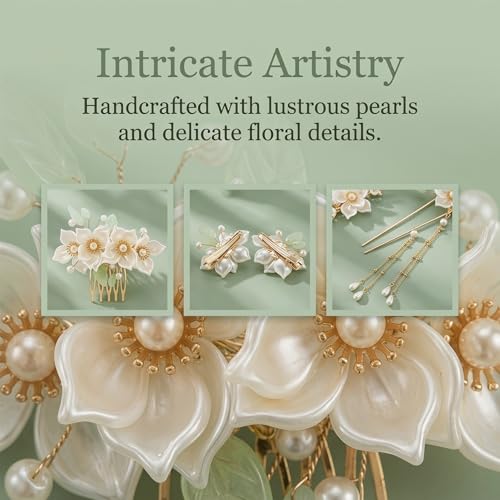 Camelia 5pcs Flower Tassel Hairpins for Women, Retro Crystal Pearl Hair Clips, Hanfu Wedding Bridal Accessories