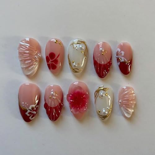 Red French Tip Press-On Nails with 3D Flower Designs - 24 Pcs
