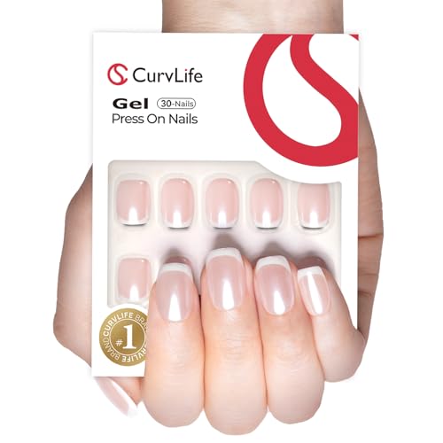 CurvLife Short Square French Tip Press-On Nails, 32PCS Nude Gel