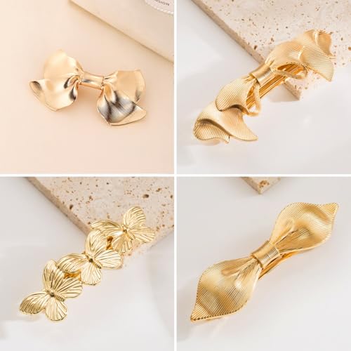 4PCS Gold Metal Hair Barrettes for Women, Elegant Bow & Claw Styles, for Thick & Fine Hair - Gold E