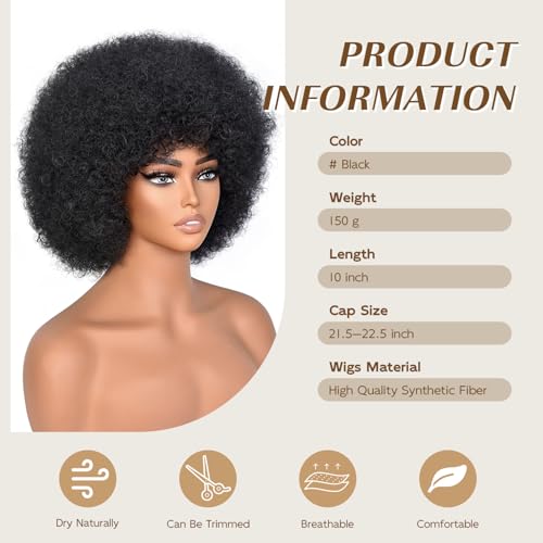 Black 10in Afro Wig with Bangs for Women - YWAYS HAIR 70s Curly Synthetic Kinky Wig, Cosplay & Party