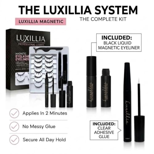 Luxillia Magnetic False Eyelashes & Applicator Kit - 7 Pairs with Clear Magnetic Liner