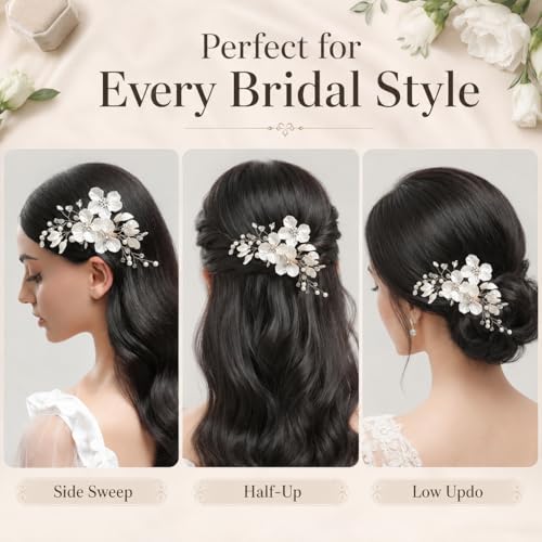 CASOLVX White Pearl Flower Bridal Hair Clip with Rhinestone Silver Leaves