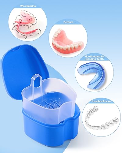 JMU Denture Bath Case Set with Strainer | Navy & Teal Blue