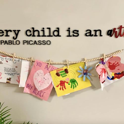 Wood Bead Photo Garland with 7 Clips | 48" Kids Art Display