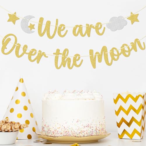 We Are Over the Moon Banner - Gold & Silver Glitter Baby Shower Decor