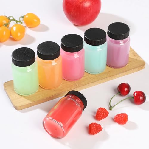 Yephets 20 Pack 2 oz Glass Shot Bottles with Black Lids & Labels - Leakproof Travel Sample Jars