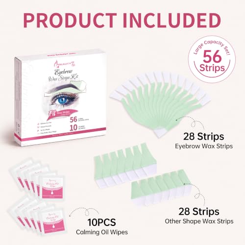 Beauty7 Eyebrow Wax Strips for Face - 56 Pack with Calming Oil Wipes, Hair Removal Kit