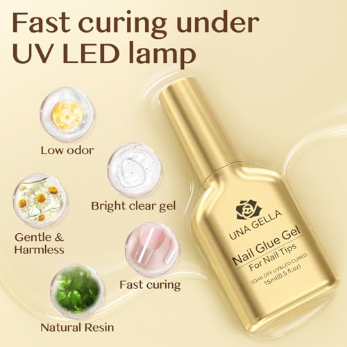 UNA GELLA 6 in 1 Gel Nail Glue for Clear Acrylic Nails Tips, 15ml U V Nail Glue Long Lasting Super Strong Brush for Base Coat, Clear Fake Nails, and Soft Gel Tips Lamp Curing Required
