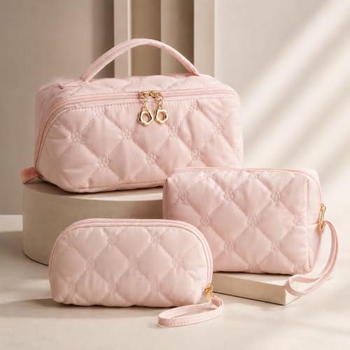 Pink Embroidery Puffer Travel Makeup Bag - Women’s Cosmetic Organizer