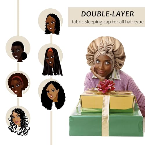 AWAYTR 2-Layer Satin Hair Bonnet with 3 Scrunchies - Coffee