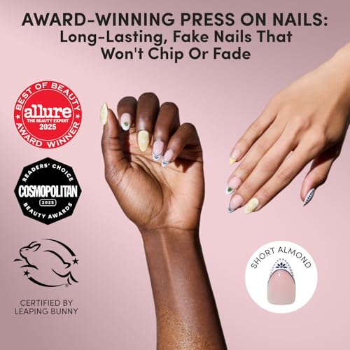 Glamnetic Press On Nails - Short Almond Fake Nails in Bright Orange with Olives, Lemons & Ceramic Designs, Salon Quality, Summer Nails | Aperitivo Hour | 15 Sizes - 30 Nail Kit with Glue