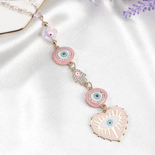 Handmade Pink Evil Eye Rearview Mirror Charm - Boho Car Decor